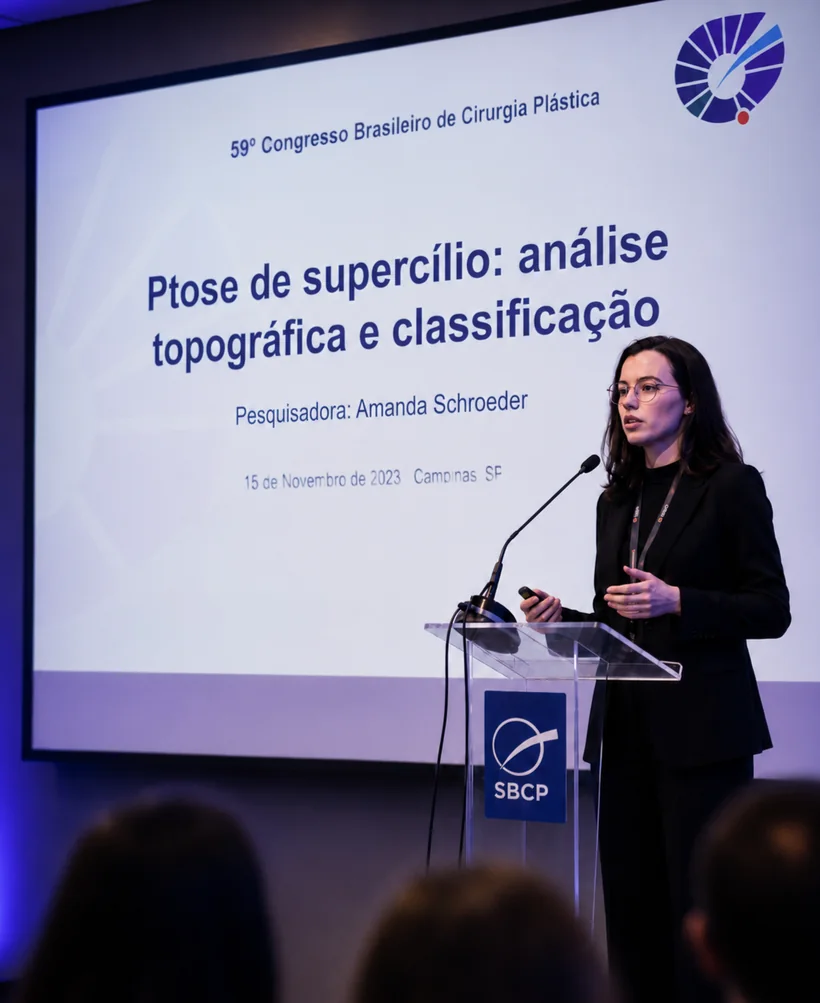 Dra. Amanda Schroeder apresentando trabalho científico em congresso de cirurgia plástica